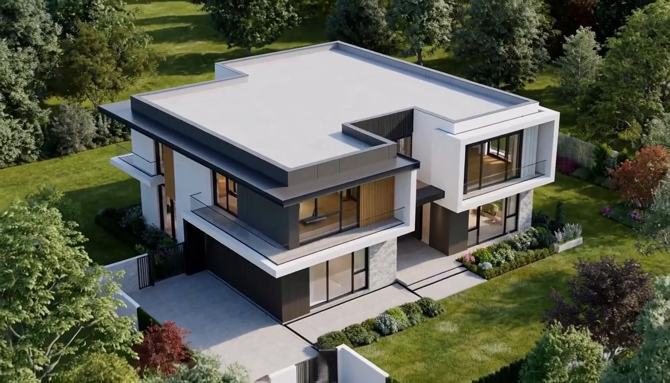 A new house on a sloping site, concrete and glass, seen from the approach.