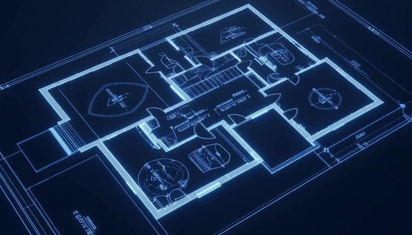 Architectural drawings and a site model laid out on a lit drafting table.